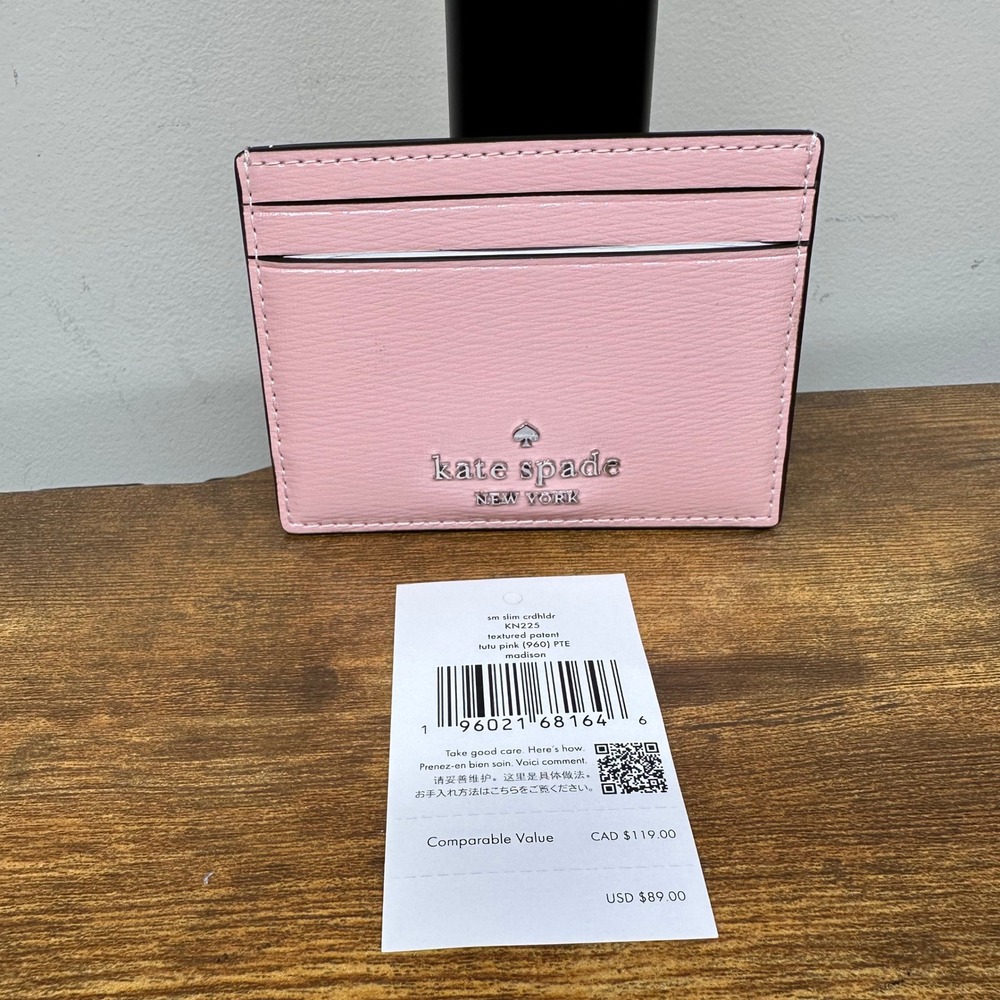 Kate Spade Madison Small Slim Card Holder Tutu Pink Textured Patent KN225 NEW
